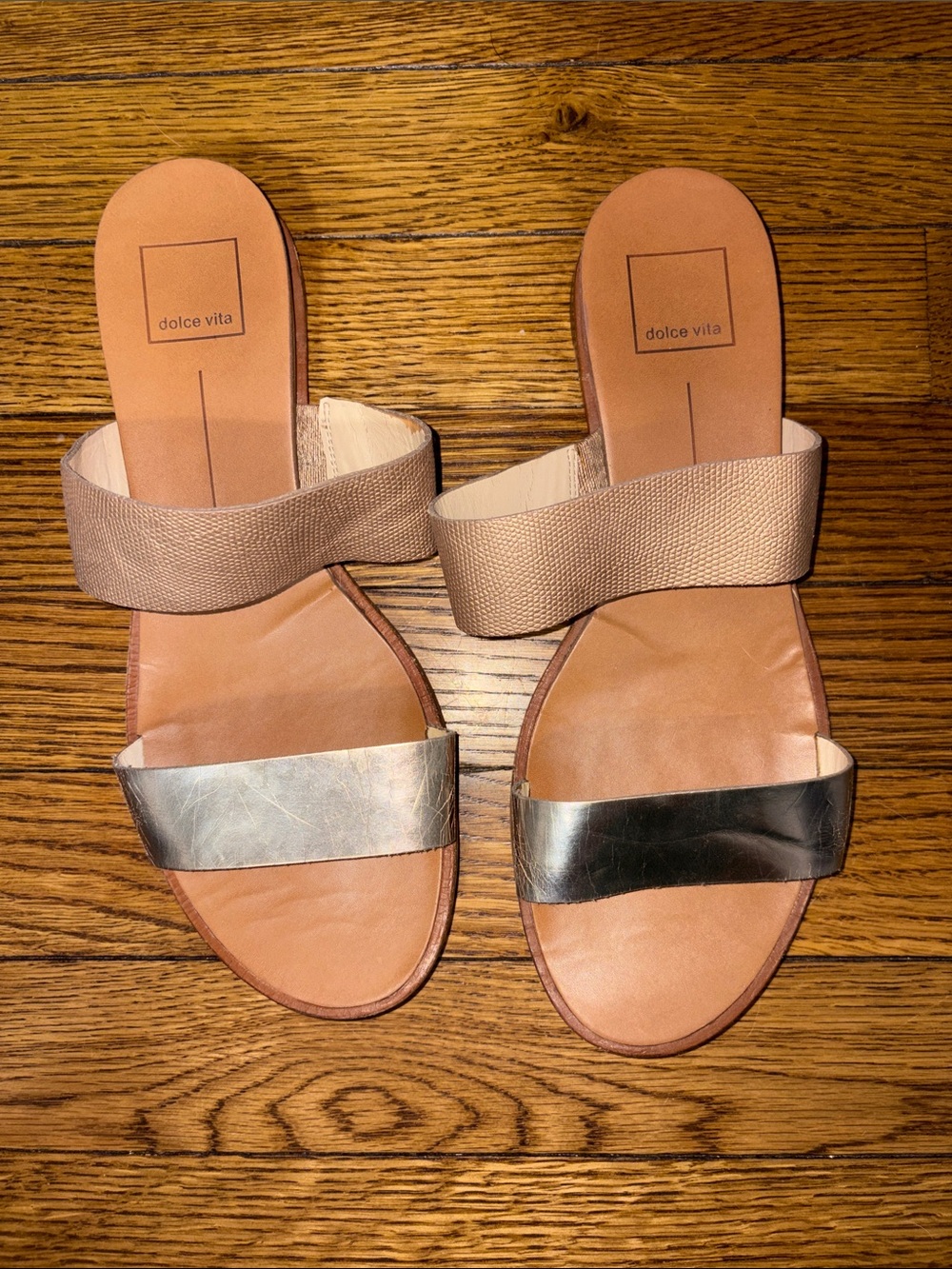 Dolce Vita Women's Beige and Gold Two-Band Slide Sandals